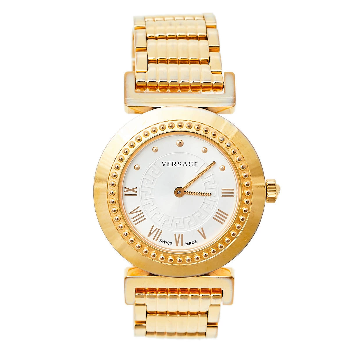 Versace Opaline White Yellow Gold Tone Stainless Steel Vanity P5Q Women's Wristwatch 35 Mm For Women