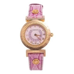 Versace Lilac Gold Plated Stainless Steel Leather Vanity P5Q Women's Wristwatch 35 Mm For Women