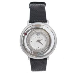 Versace Silver Stainless Steel Leather Venus VFH Women's Wristwatch 39 Mm For Women