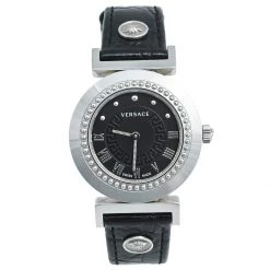 Versace Black Stainless Steel Leather Vanity P5Q Women's Wristwatch 35 Mm For Women
