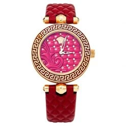 Versace Red Rose Gold Plated Stainless Steel Leather Vanitas VQM Women's Wristwatch 30 Mm For Women