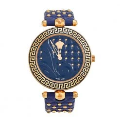Versace Blue Rose Gold Plated Stainless Steel Leather Vanitas VK7 Women's Wristwatch 40 Mm For Women