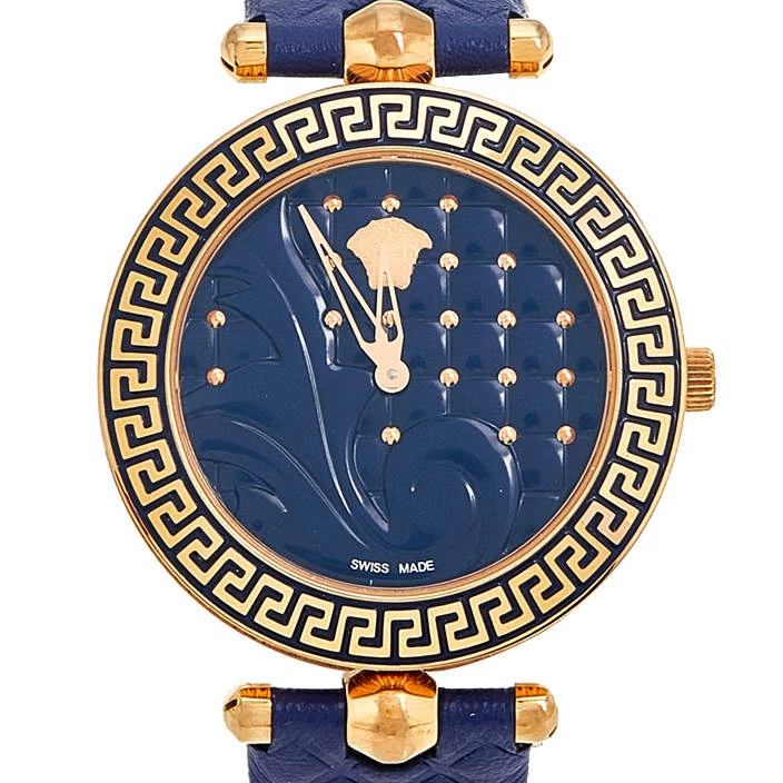 Versace Blue Rose Gold Plated Stainless Steel Leather Vanitas VK7 Women's Wristwatch 40 Mm For Women - Image 3