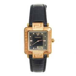 Versace Black Rose Gold Plated Stainless Steel Leather Reve Carre 88Q Women's Wristwatch 30 Mm For Women