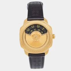 Versace Black Yellow Gold Plated Stainless Steel Leather Dylos VQU Women's Wristwatch 38 Mm For Women