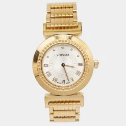 Versace Silver Rose Gold Plated Stainless Steel Vanity P5Q Women's Wristwatch 35 Mm For Women