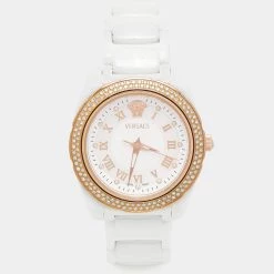 Versace White Mother Of Pearl Ceramic Diamond DV One 63QCP11 Women's Wristwatch 35 Mm For Women
